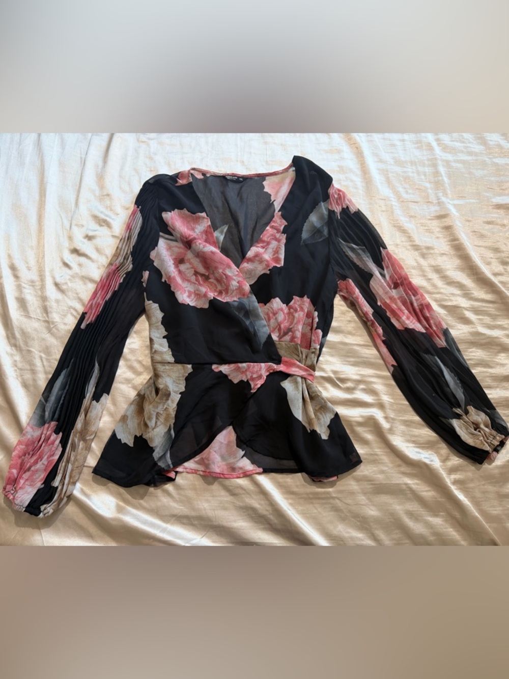 SHEIN Black Floral Wrap Blouse with Pink and Cream Blooms